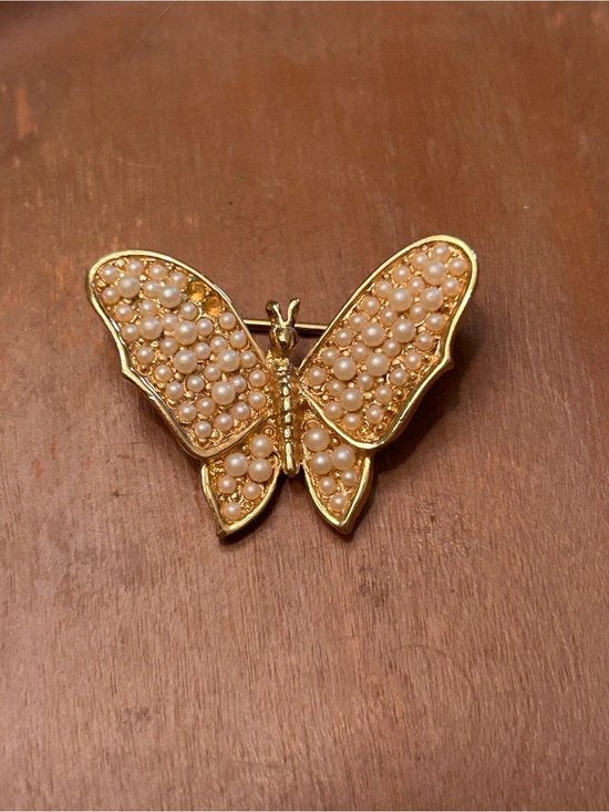 Crown Trifari Jewelry - Vintage Trifari Gold Butterfly Brooch with Pearl Detailing